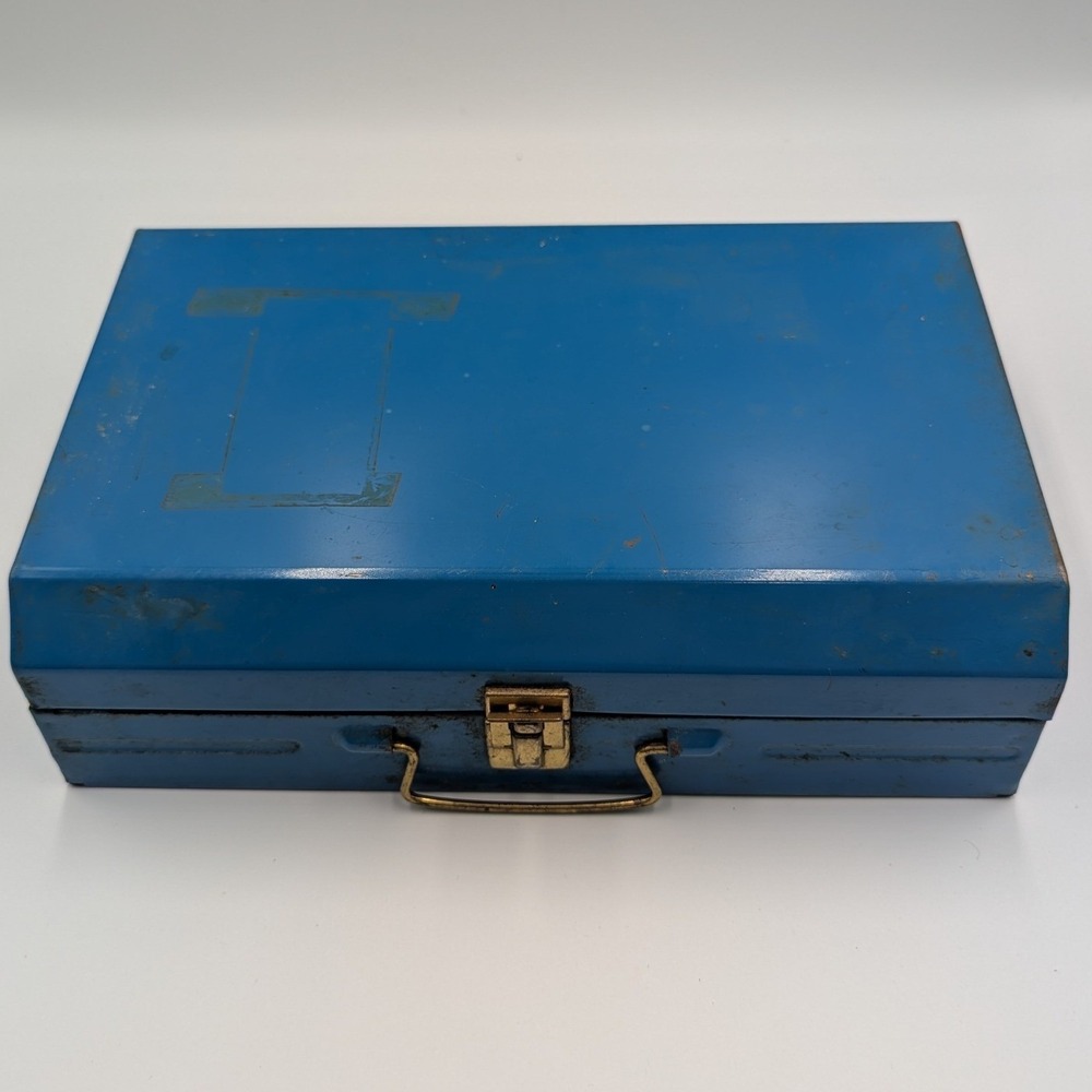Vintage Metal Utility Storage Box Blue Steel Industrial Tool Case 10.5 Inch